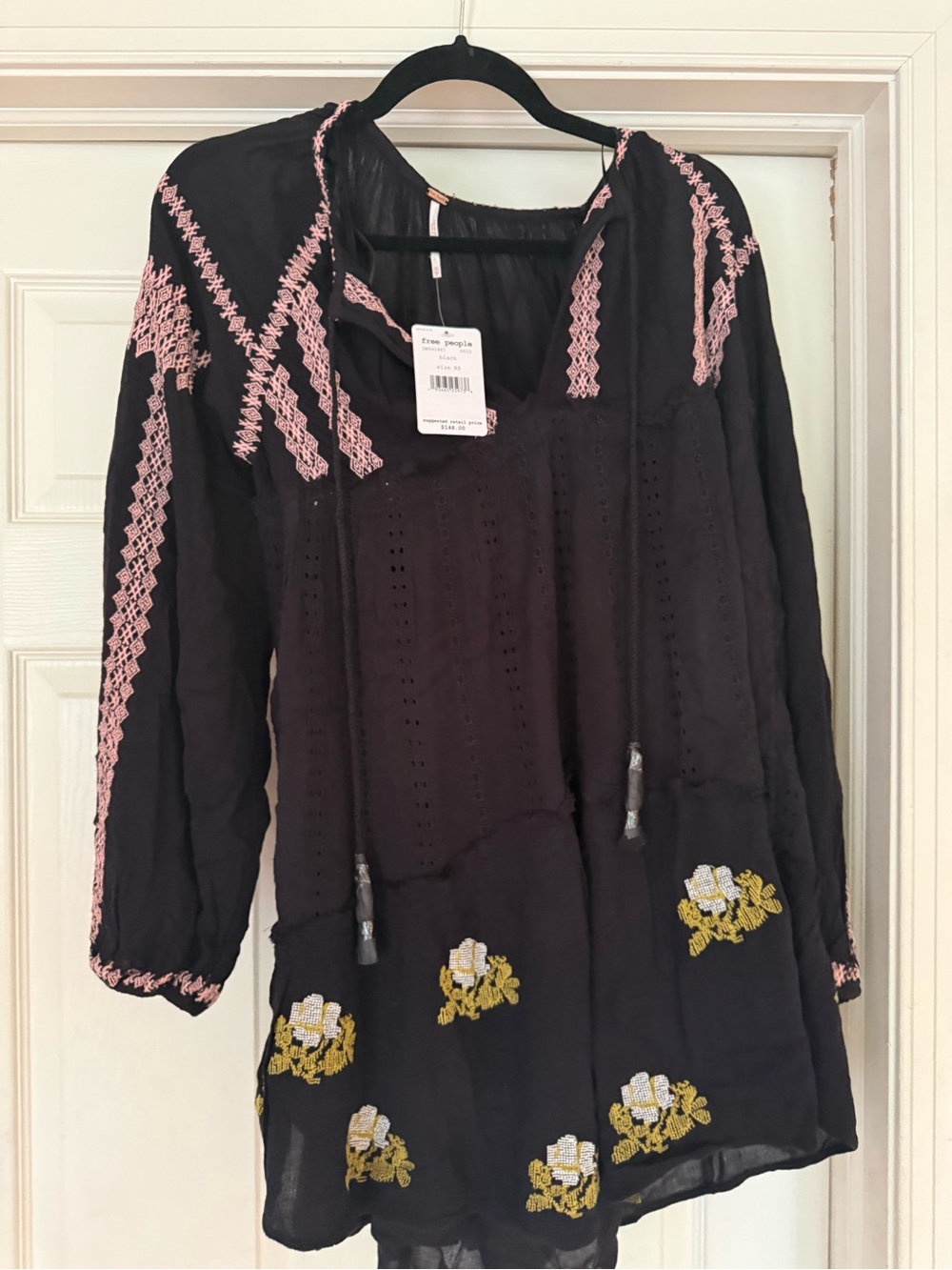 Free People Black Tunic with Pink Trim and Yellow Floral Embroidery